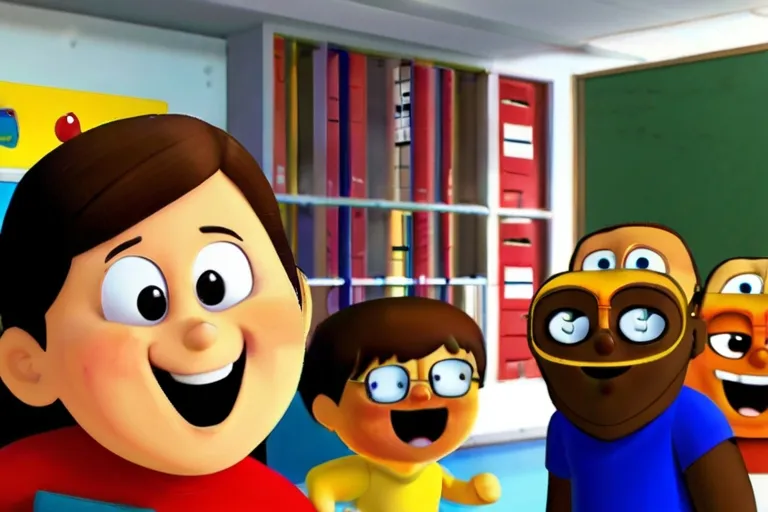 a group of cartoon characters standing in a room