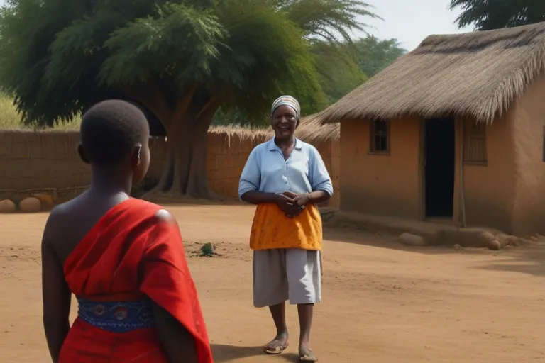 a woman standing in front of a hut