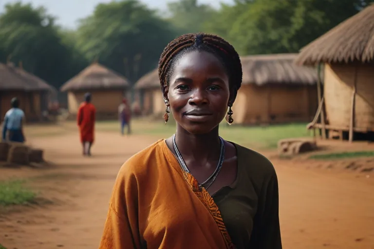 a woman standing in front of a village