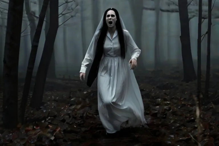 a woman in a white dress walking through a forest