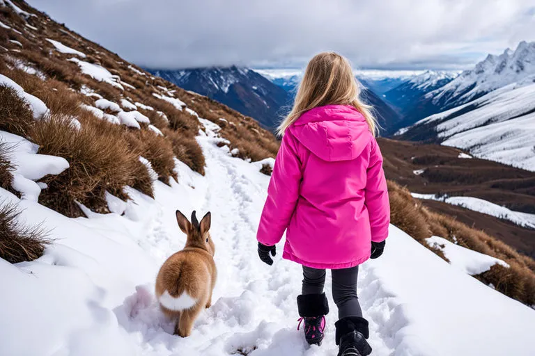 a woman in a pink jacket and blue backpack and a bunny in the snow, 3d animation