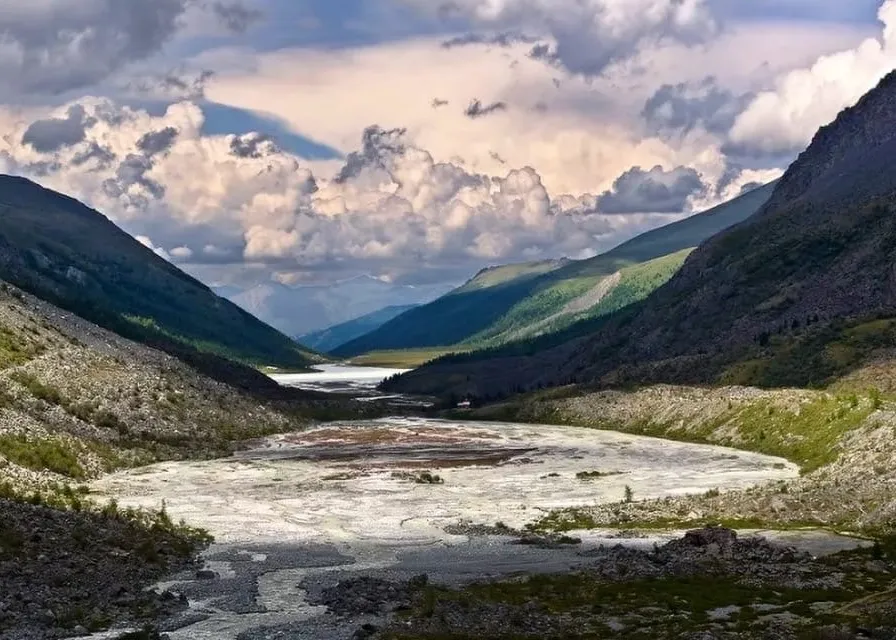 cloud, sky, mountain, water resources, water, plant, natural landscape, fluvial landforms of streams, watercourse, bank