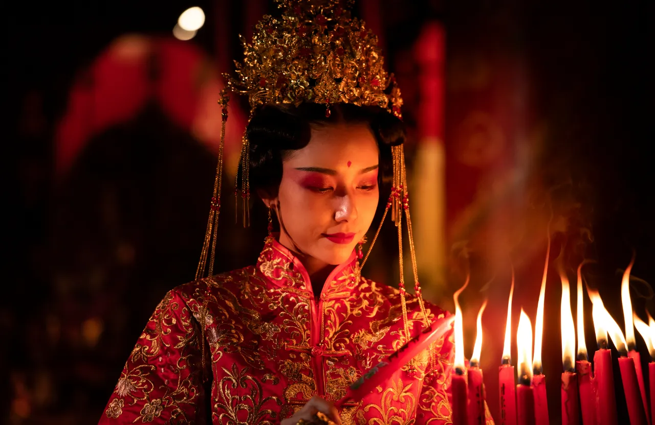 a woman in a red dress holding a lit candle