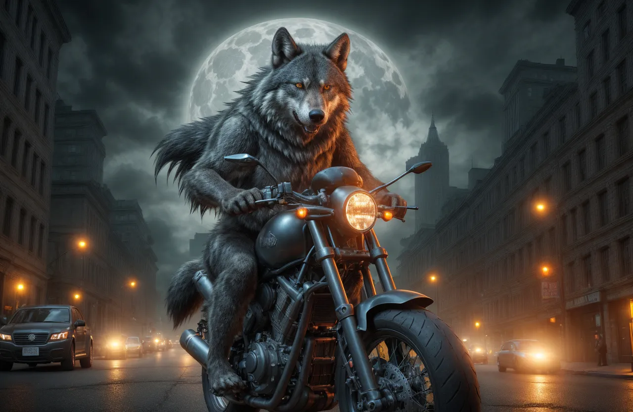 Werewolf biker with glowing eyes on a full moon night