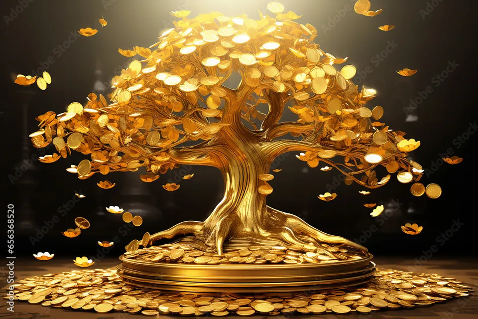 create a falling Money with golden background, 8k , size of 1920x1080, colorful
