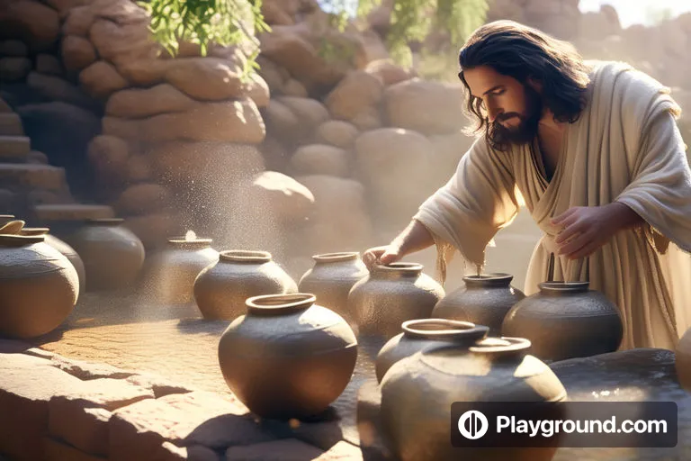 a man with long hair and a beard standing in front of a group of pots