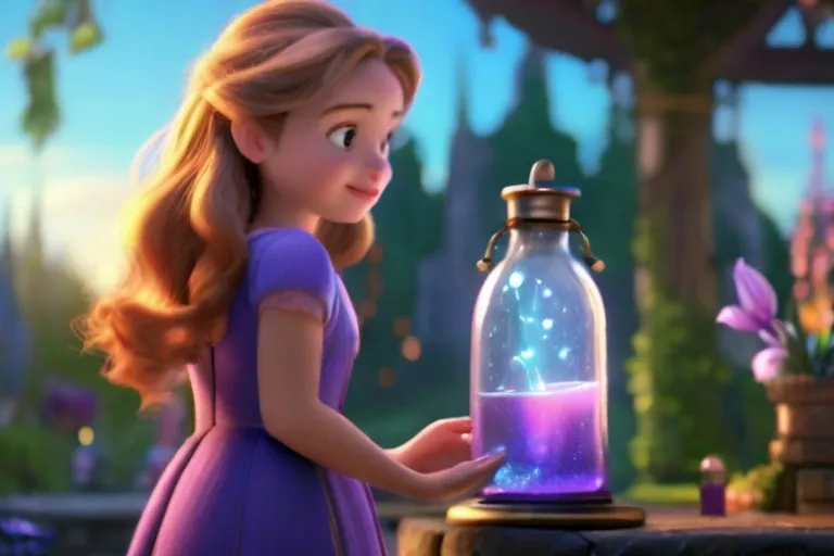 a young girl in a purple dress holding a magic potion 