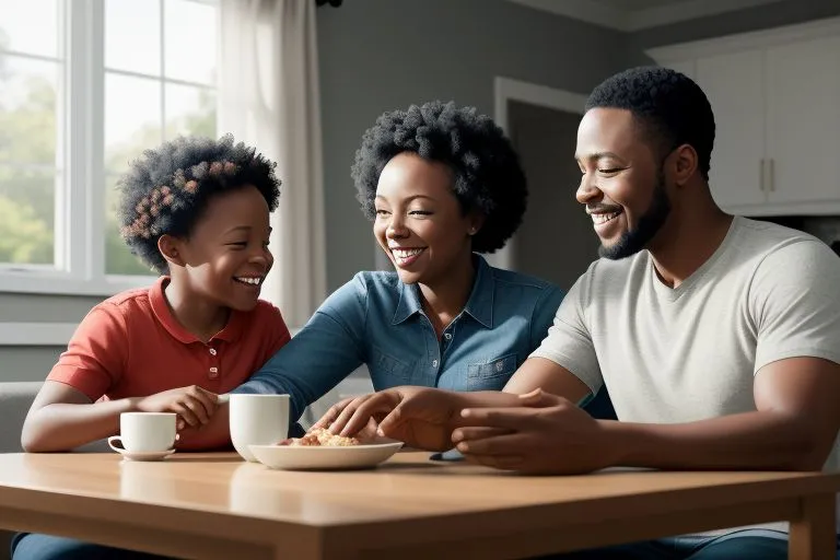 a man, woman and child sitting at a table together