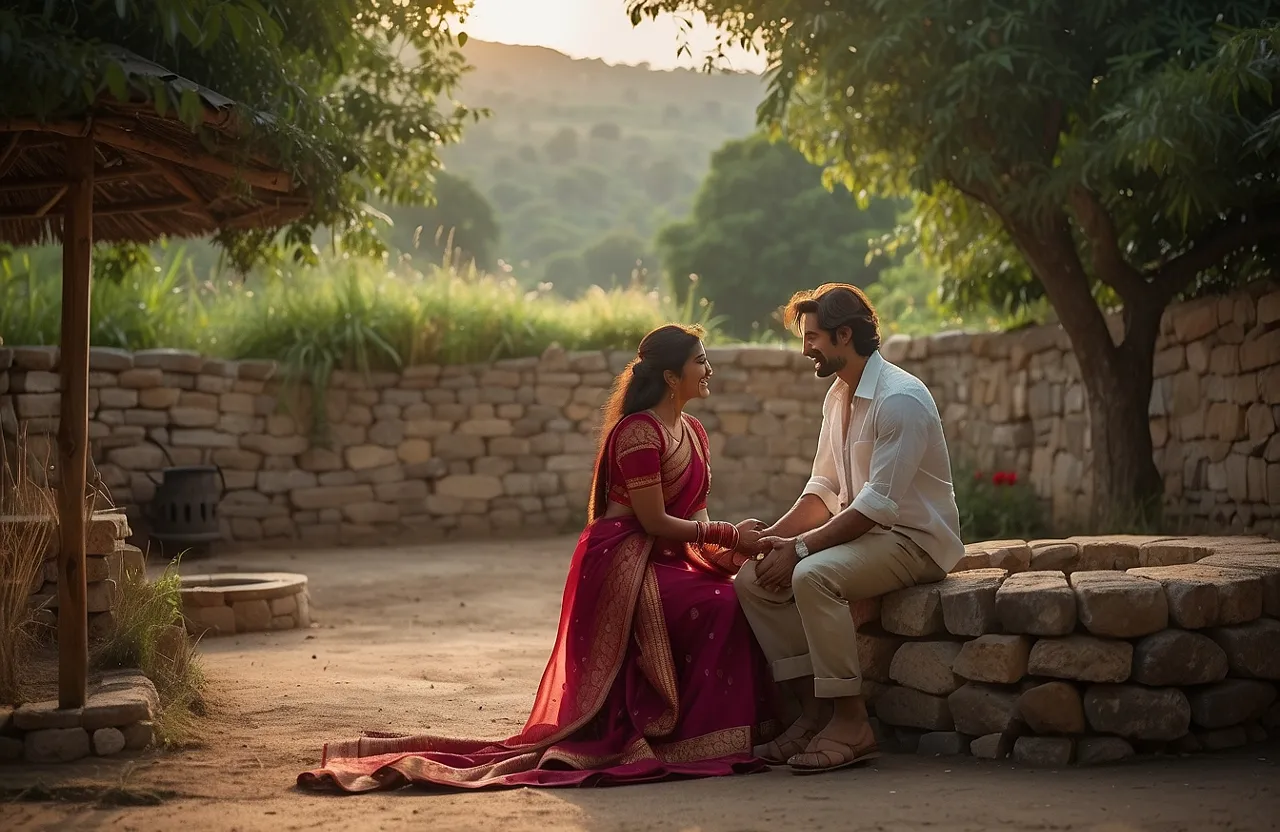 a man and woman sitting next to each other on a stone wall