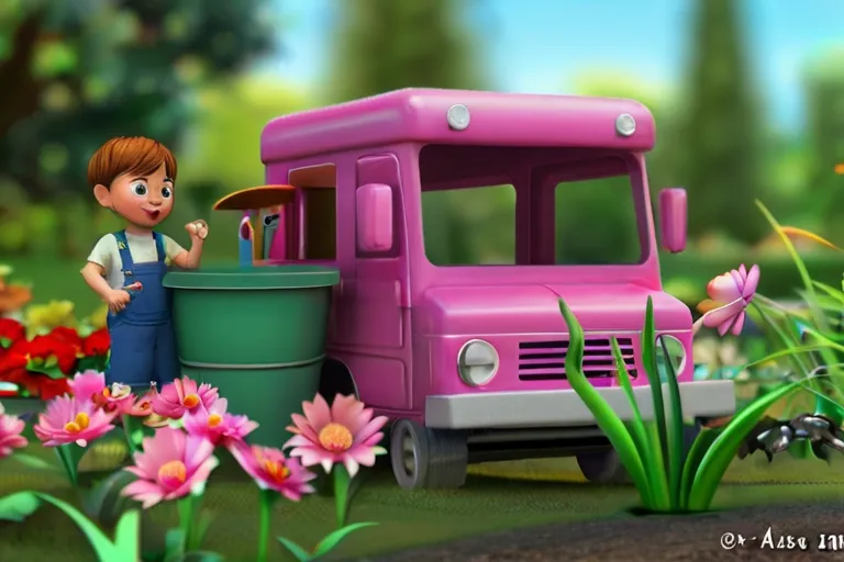 a little boy standing next to a pink truck in a field of flowers