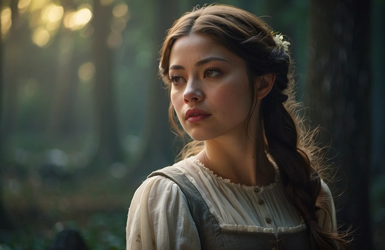 a woman with a braid standing in a forest