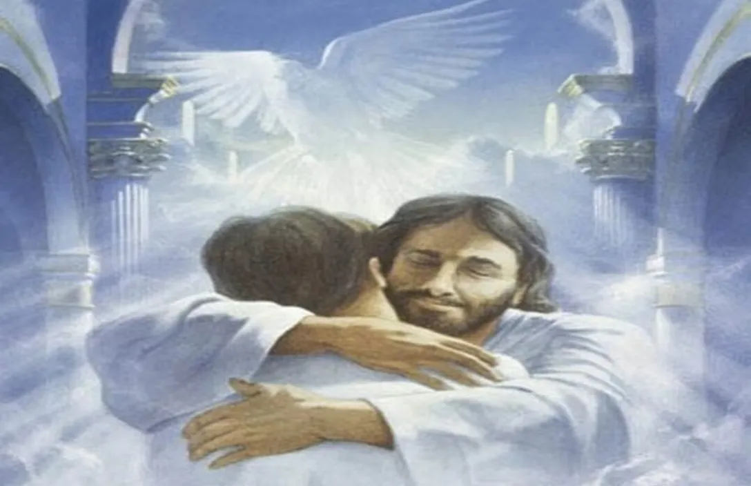 a painting of jesus hugging a child