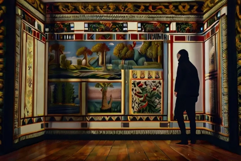 a person standing in front of a wall with paintings on it