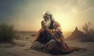 an old man sitting in the middle of a desert