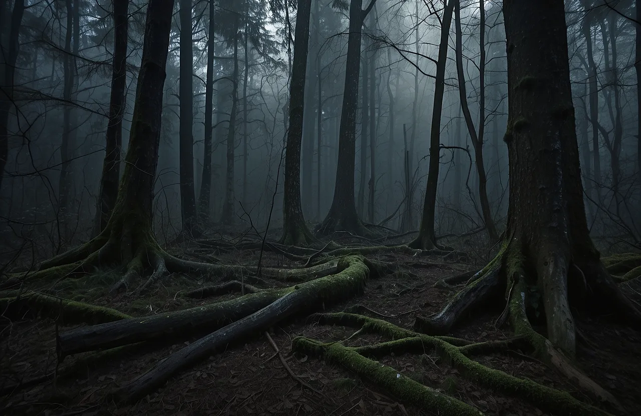 a forest filled with lots of trees covered in fog