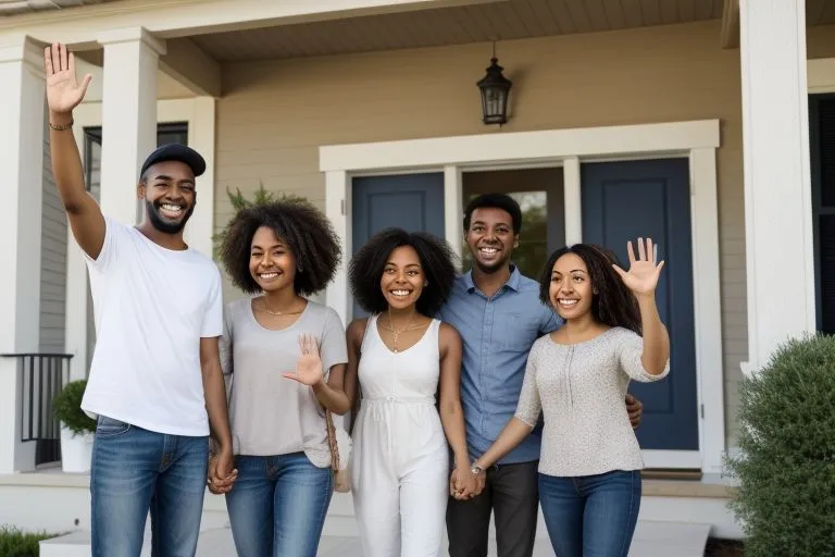 a group of people standing in front of a house waving