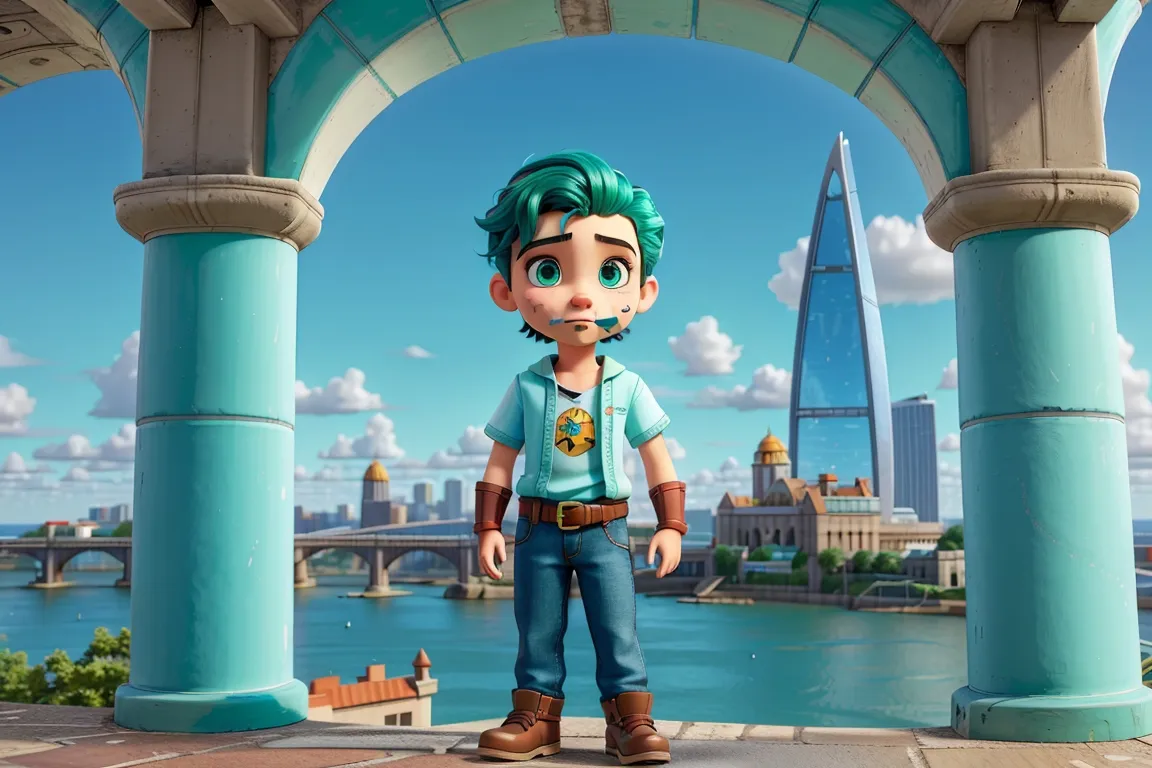 A young Atlantean named Kai, with sea-green eyes and a determined expression, stands overlooking the city with a sense of longing.