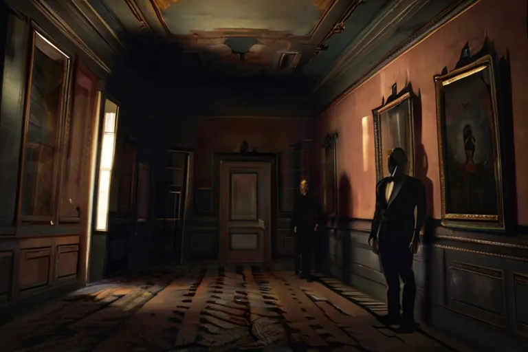 a person standing in a room with paintings on the wall