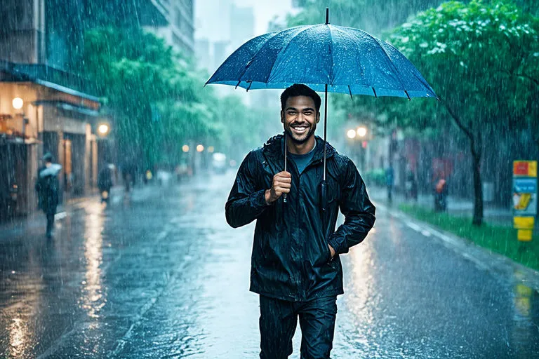 Visual: A man walking through a heavy rainstorm with an umbrella, staying dry and smiling.Details: The rain intensifies, but the man remains calm and happy, symbolizing bravery and positivity.