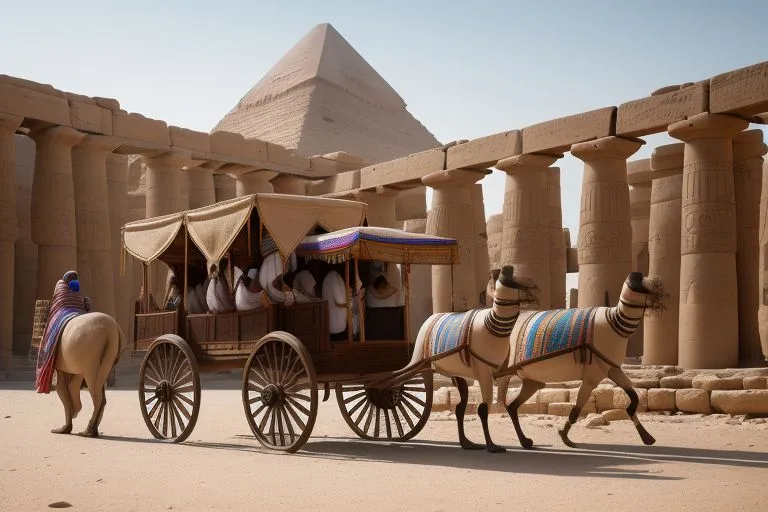 an extremly detailed horse drawn carriage in front of a pyramid