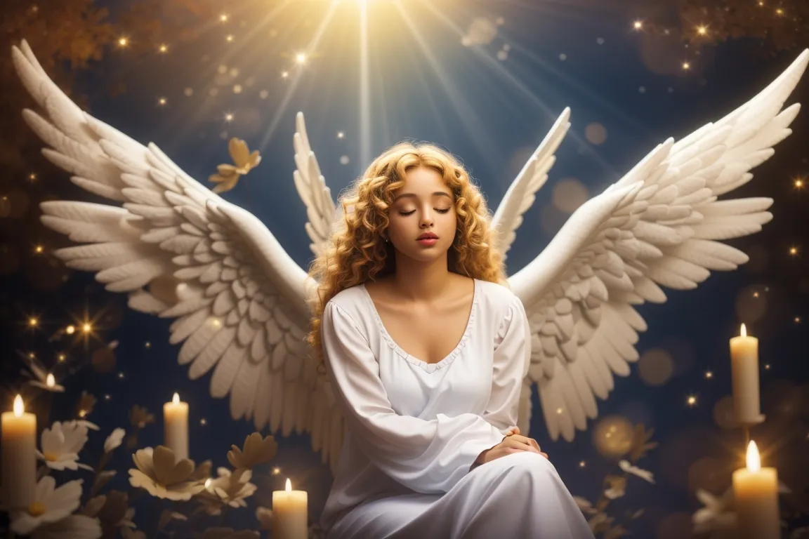 a woman with angel wings sitting in front of candles