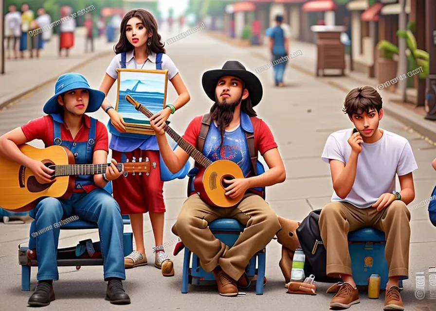 a group of people sitting on a bench with guitars Woman Without beard playing scraper folk music 