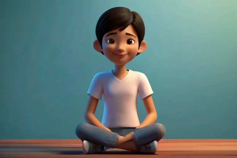 a cartoon boy sitting on the floor with his legs crossed