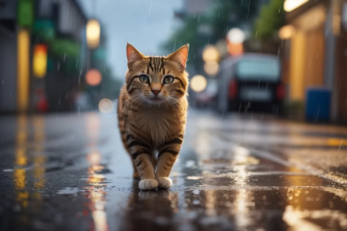 a cat walking down a street in the rain