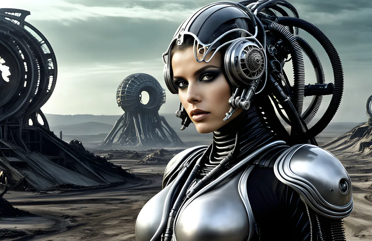 a woman in a futuristic suit with headphones, CLOUDS MOVE FAST