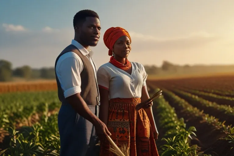 a man and a woman standing in a field