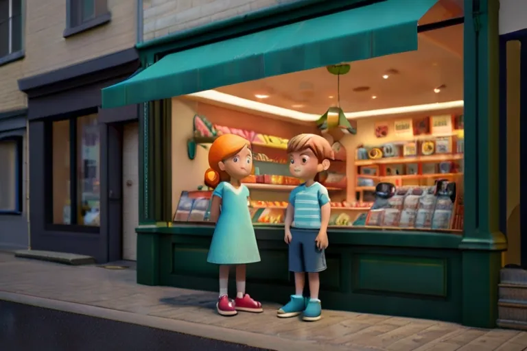 a couple of kids standing in front of a store