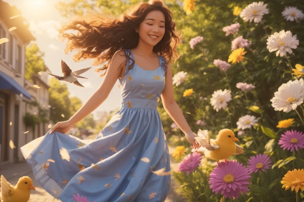 a woman in a blue dress walking through a field of flowers