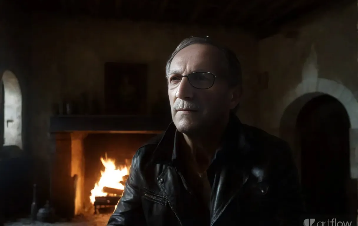 close-up of an Urbex photographer in a black leather jacket who is photographing an old dilapidated living room with fireplace in an old 16th century villa in Tuscany, he hears noises and looks around worriedly. Almost Caravaggio-esque cinematographic light, very intriguing and mysterious.