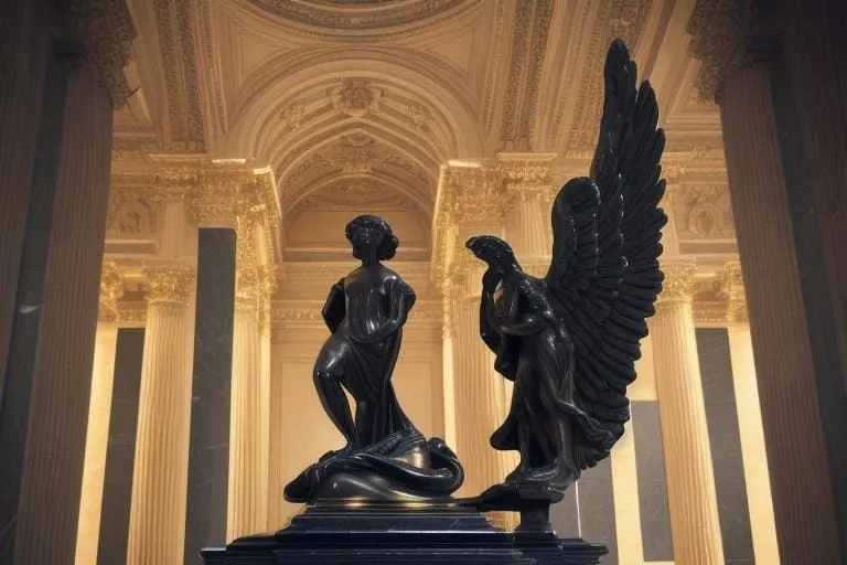 a statue of two women with wings in a building