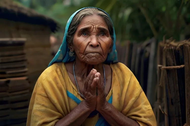 a woman in a yellow and blue dress is praying