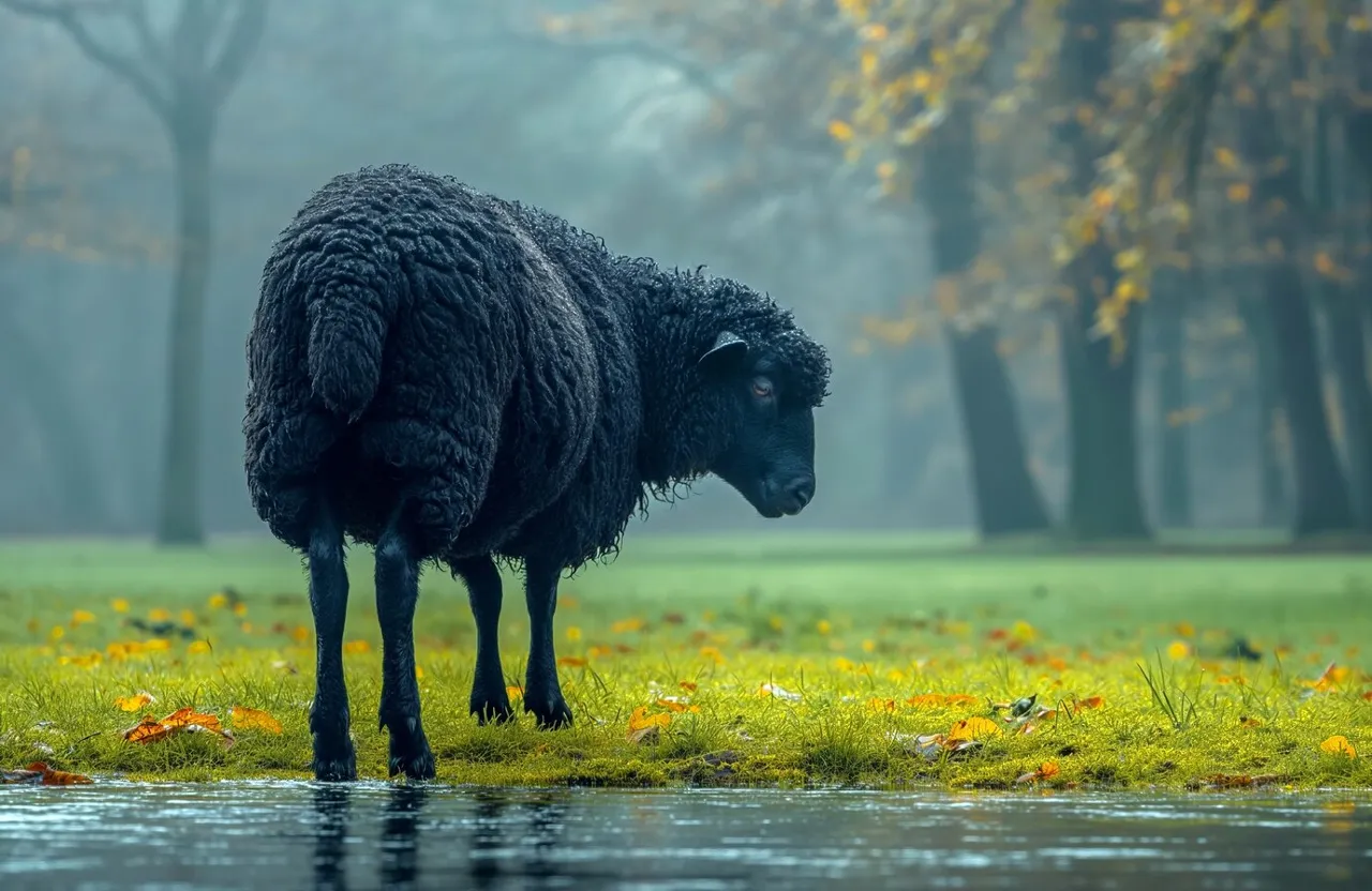 a black sheep standing on top of a lush green field