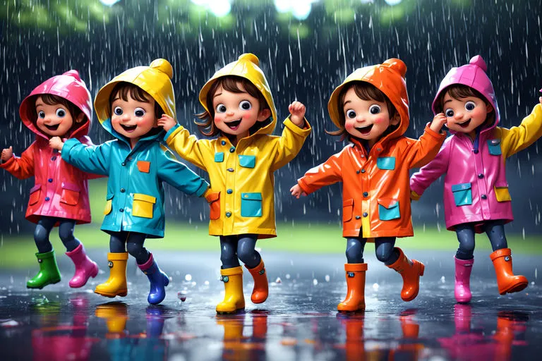 a group of children walking in the rain