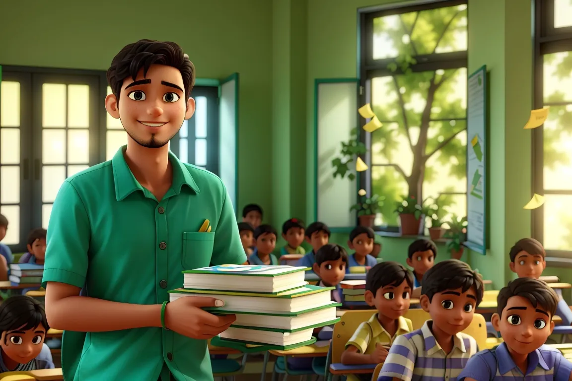 a man holding a stack of books in a classroom moving very slowly slightly smiling and all students smiling slightly looking happy. Classroom looking fantastic sunshine entering the classroom. Green trees looking outside the window.