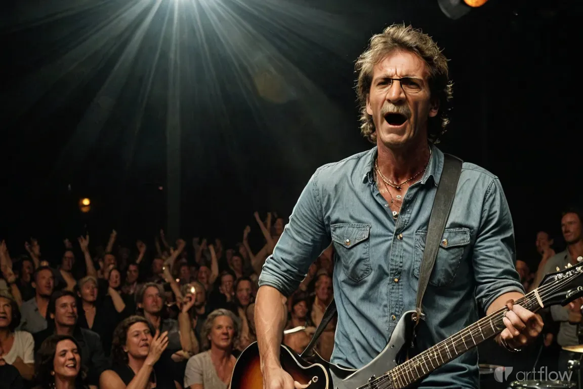 a man holding a guitar in front of a crowd