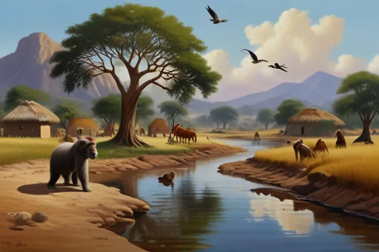 a painting of a bear standing in front of a river