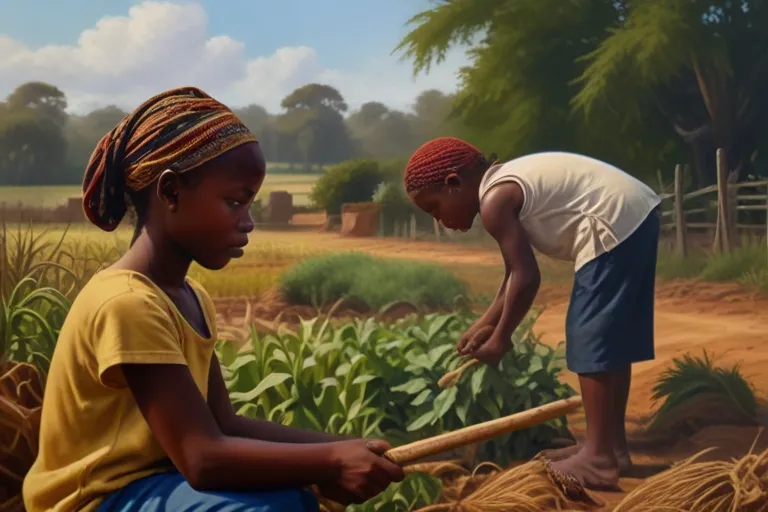 a painting of two children working in a field