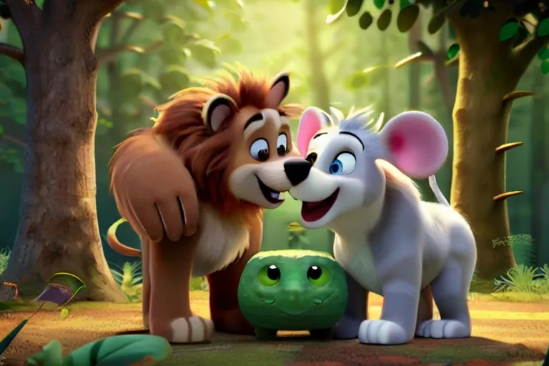 the lion and the mouse are in the jungle"Together, Leo, Bella, Toby, and Rosie make up a friendship as strong and enduring as the trees themselves.""Join them on their adventures as they discover the true meaning of friendship and kindness."