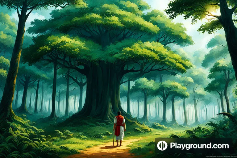 a painting of a person walking through a forest