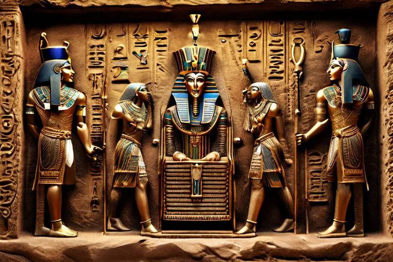 three statues of pharaohs and queens in front of a wall