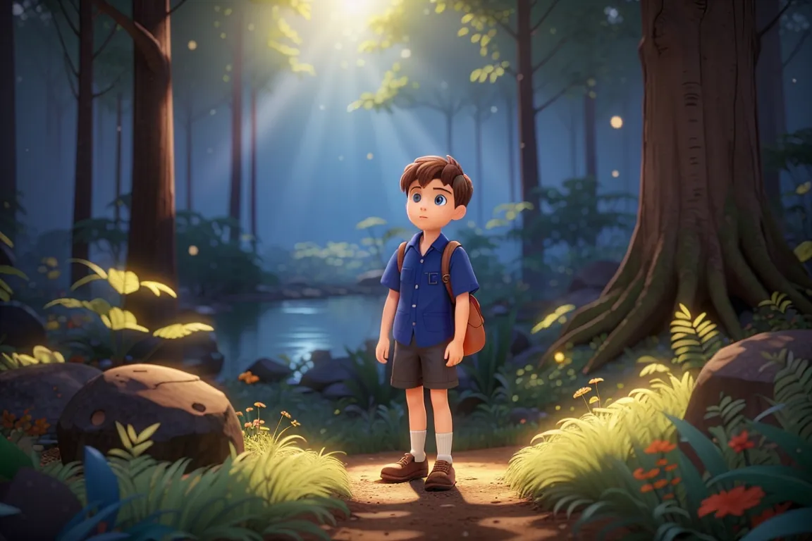 a young boy walking in the middle of a forest