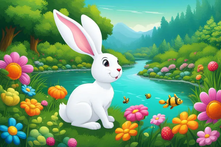 a white rabbit sitting in a field of flowers
