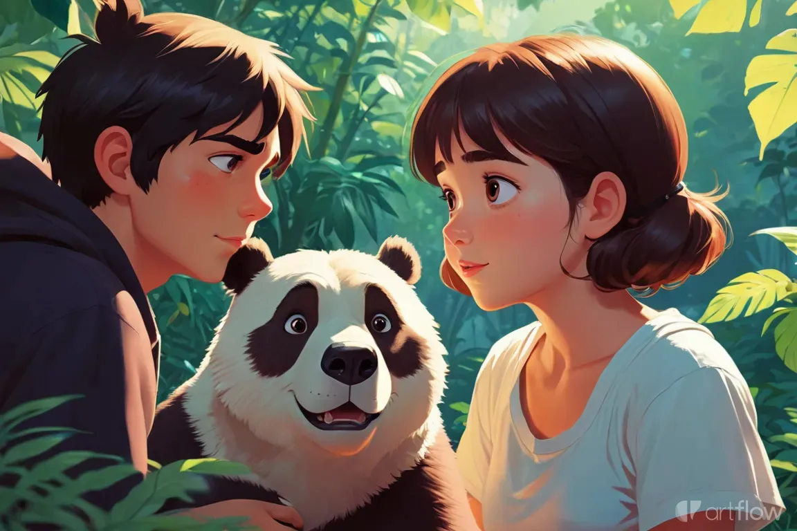 a boy and a girl are looking at a panda