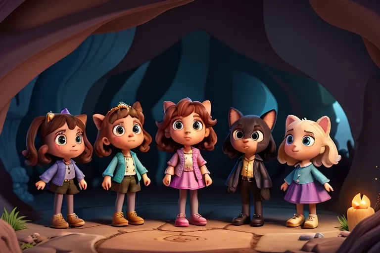 Sparkle and her friends exchanging curious glances as they stand before the dark entrance of the mysterious cave.