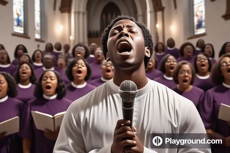 a man singing into a microphone in front of a choir