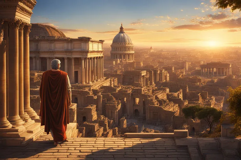 a man in a red cape stands on a stone platform overlooking a city